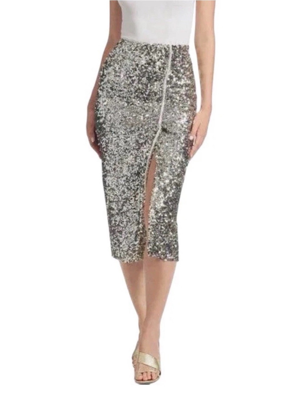 Sachin + Babi Talisa Silver Sequin Midi Pencil Skirt with Front Slit Size 0 New